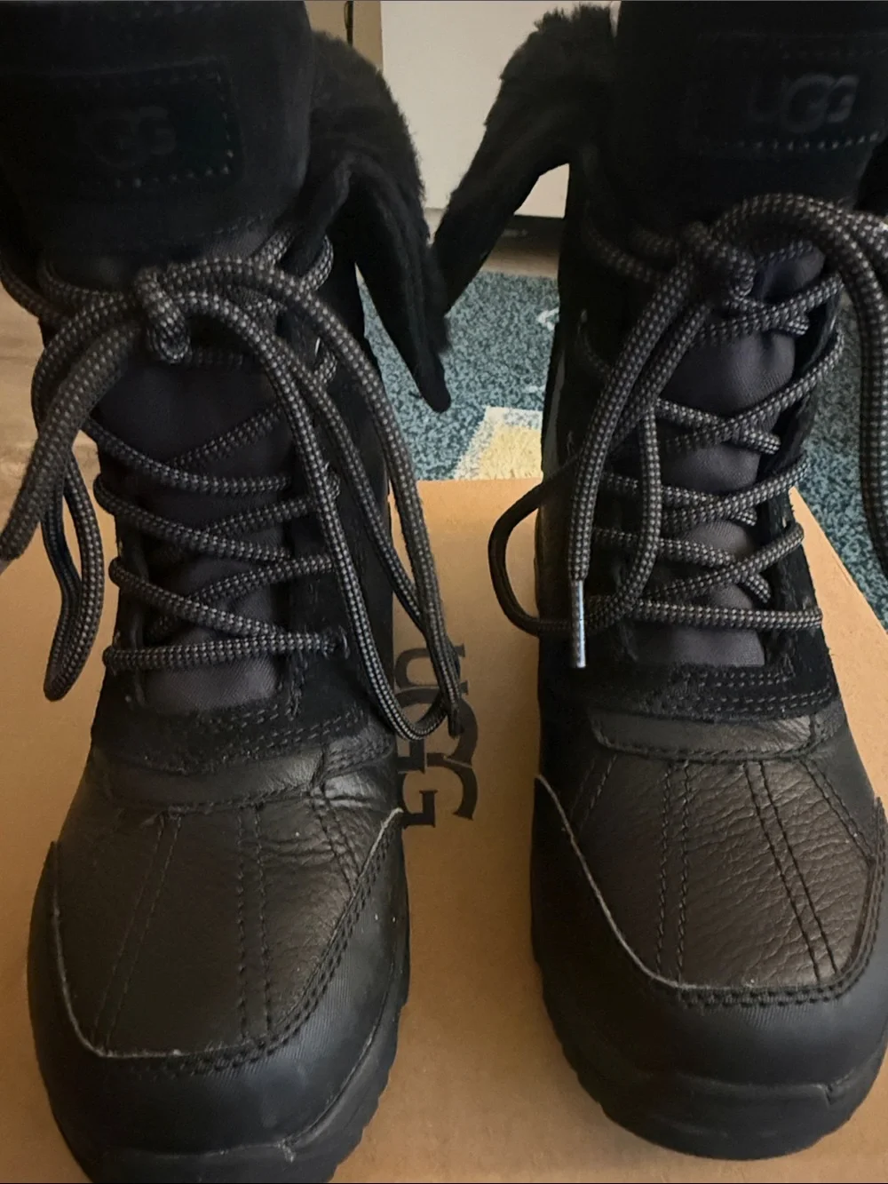 UGG Kids Black Lace-Up Winter Boots with Shearling Cuff